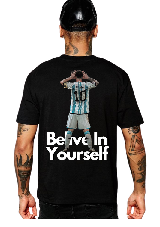 "Believe In Yourself" Oversized Messi Tribute T-Shirt – Black Edition